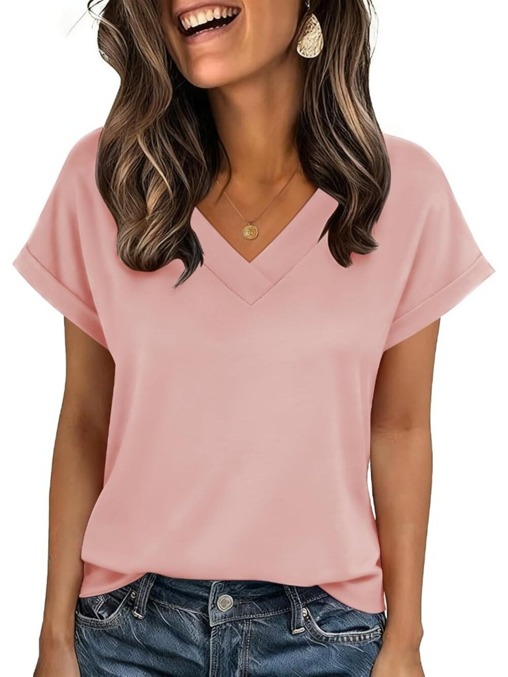 Women's Pink Short Sleeve V Neck Basic Tees Shirts Casual Tops Blouses